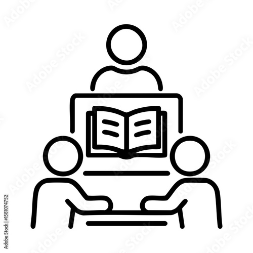 Group learning session with students and teacher around open book