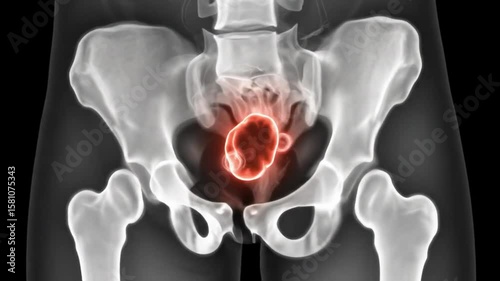 3D medical animation of human pelvic region highlighting inflamed or infected uterus with glowing red effect – concept of gynecological disease, endometriosis, or reproductive health issue diagnosis

