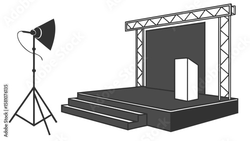 Stage setup with microphone and podium for presentation or performance event vector illustration
