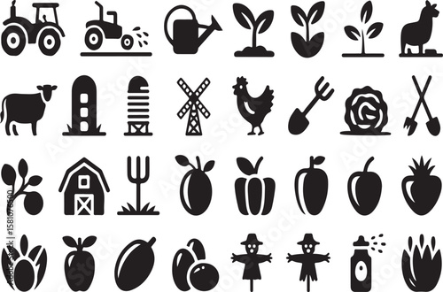 Collection of black and white farm icons depicting agriculture cultivation and harvest elements