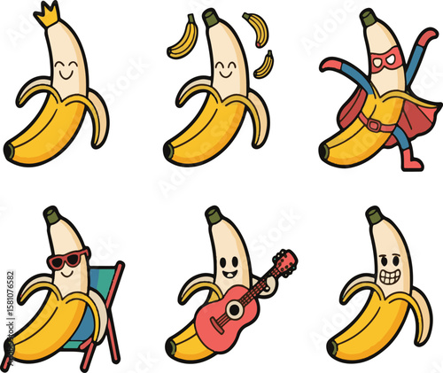 Fun illustrated collection of playful cartoon bananas displaying various actions and poses