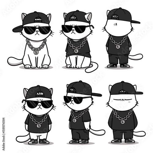 Cool Cat Cartoon Characters Set - Hip Hop Style Vector Illustration