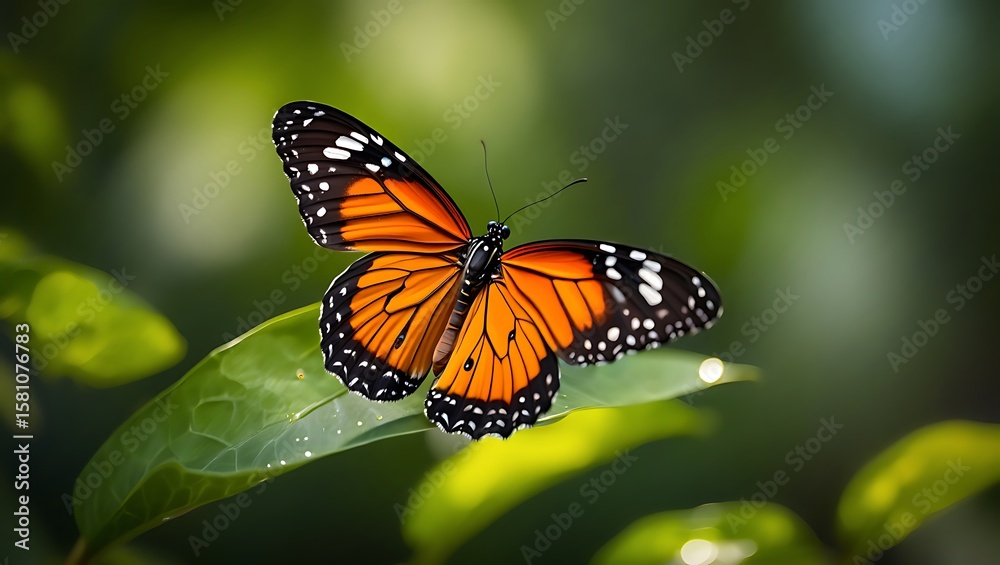 Fototapeta premium Beautiful Monarch Butterfly Resting on a Green Leaf in Natural Sunlight