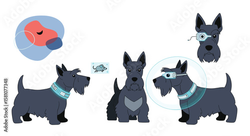Futuristic Scottish Terriers with Cybernetic Enhancements and Holographic Technology Showcasing Advanced Canine Companionship