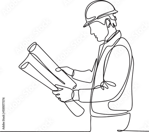 Engineer holding blueprint in continuous one line drawing, minimalist architect illustration in editable vector style

