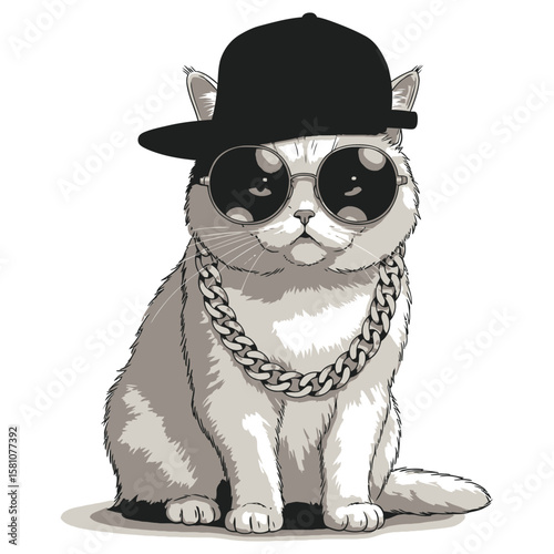 Cool Cat with Hat and Chain - Vector Illustration