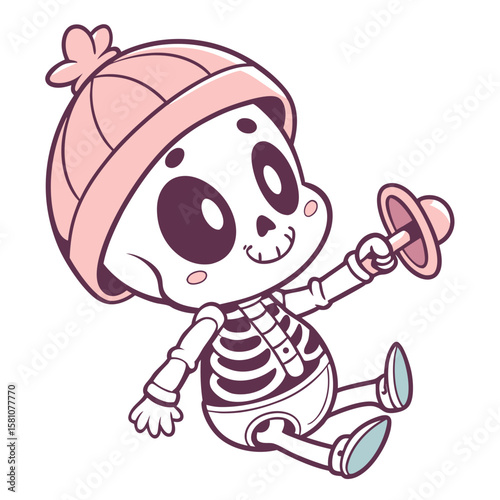 Whimsical cartoon illustration of a baby skeleton wearing a diaper a pacifier and a tiny hat perfect for humorous or halloween themed designs