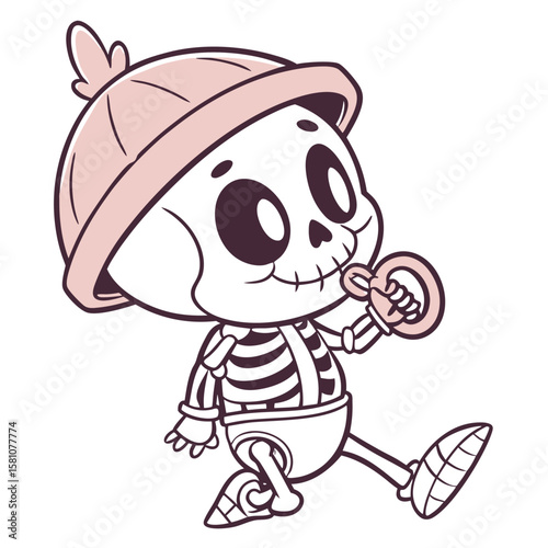 A cute and humorous cartoon illustration of a baby skeleton wearing a diaper holding a pacifier and sporting a tiny colorful hat perfect for playful or quirky designs
