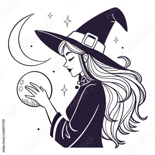 Enchanting female witch with flowing dark hair casting a mystical spell under a starlit sky evoking a sense of magic and mystery