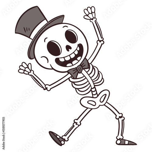 Charming cartoon skeleton character with a small top hat joyfully dancing and celebrating perfect for halloween themes and whimsical graphic design projects
