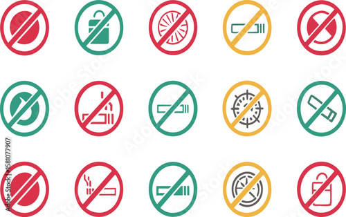 Collection of prohibition symbols denoting restrictions and warnings in a clean minimalist style