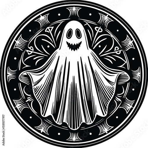 A charming and cheerful cartoon ghost with rosy cheeks and a wide happy smile depicted in a friendly and inviting vector illustration perfect for halloween or spooky themed designs