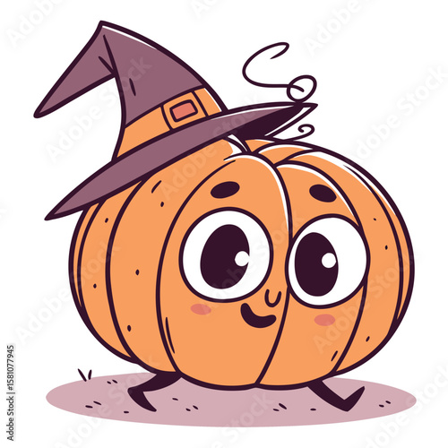 Adorable cartoon pumpkin character with a cheerful smile and large expressive round eyes perfect for halloween and autumn themed designs rendered in a vibrant and friendly style