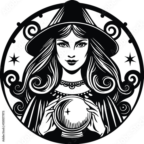 A black and white drawing of a witch with a ha