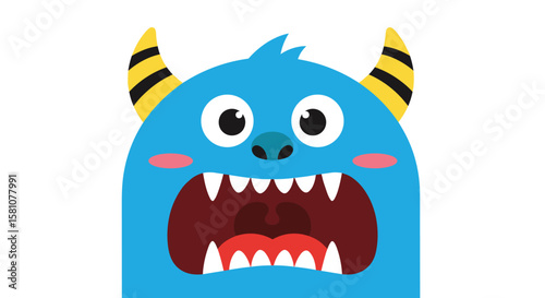 Cute Blue Monster with Big Mouth and Yellow Horns Ready to Roar