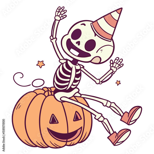 Whimsical skeleton character cheerfully waving its hand while comfortably seated atop a vibrant orange pumpkin perfect for halloween or spooky themed designs
