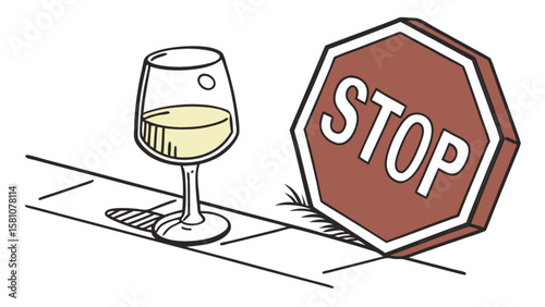 Stop drinking alcohol concept illustration with wine glass and stop sign for awareness campaign