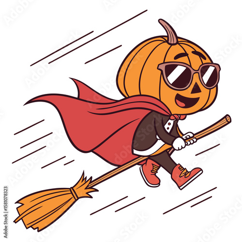 Whimsical halloween character illustration of a smiling pumpkin with a witch hat riding a flying broomstick across a starry night sky perfect for seasonal decorations and festive designs
