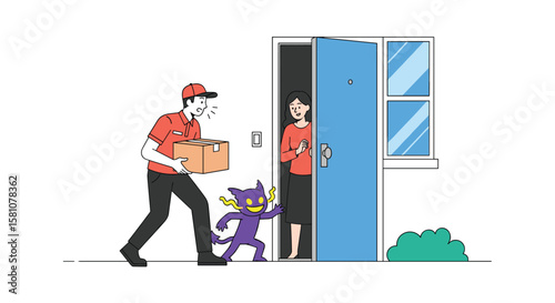 Friendly Delivery Person Brings Package to Home with Excited Pet Greeting