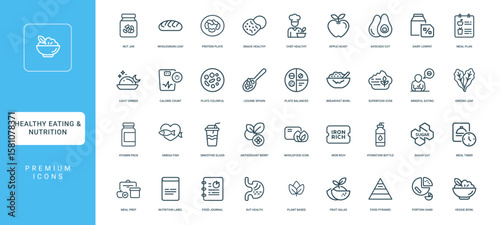 healthy eating nutrition collection linear icons, dairy hydration iron sugar