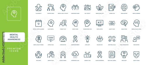 mental health well-being collection linear icons, storm check coping symbol