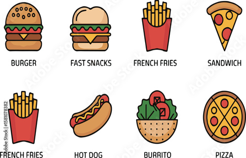 Set of colorful icons representing classic fast food and restaurant menu items for design.