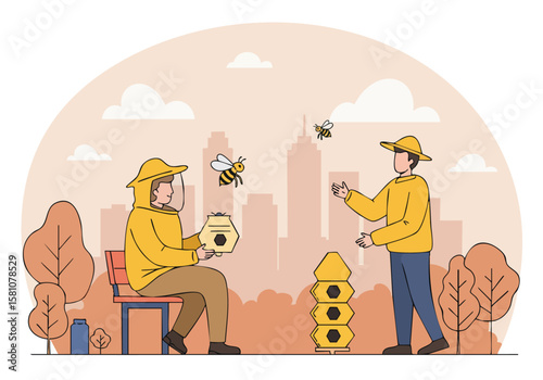 Beekeepers inspect hives in a city landscape. A professional examines a box, while bees fly around. Warm colors and a modern style.