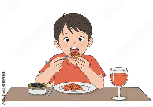 A young boy enjoys caviar on toast with a glass of wine. A playful scene with a child experiencing a luxurious treat. Bright colors and a fun composition.