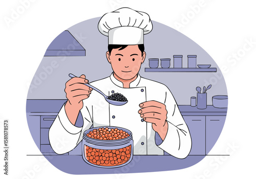 A smiling chef in a white coat carefully tastes a bowl of black peppercorns in a modern kitchen. Focus on the ingredients and professional setting.