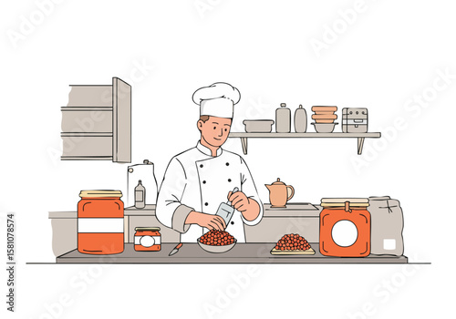 A chef in a white uniform carefully measures ingredients in a modern kitchen. Focus on the craft and quality of the food. Clean, bright, and professional.