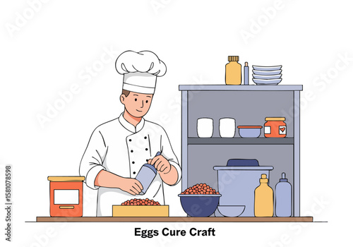 A chef prepares eggs, showcasing culinary craft. Warm colors and a professional setting highlight the delicious process. Ideal for food and lifestyle visuals.