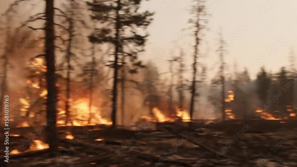 4K video of a forest fire with flames engulfing dry trees and thick ...
