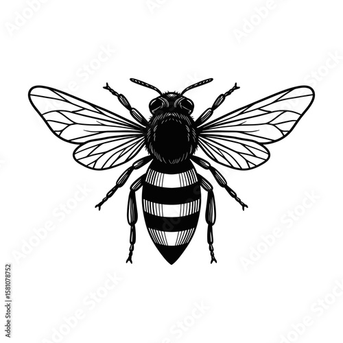 Detailed Black and White Bee Illustration for Nature and Wildlife Designs