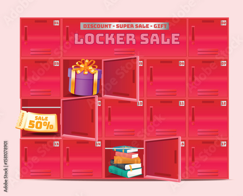 Locker Sale Surprise - Vouchers, Gifts & Books - Vector illustration of red lockers with open doors revealing a gift box, 50% sale vouchers, and books. Ideal for sales, promotions, or school events.