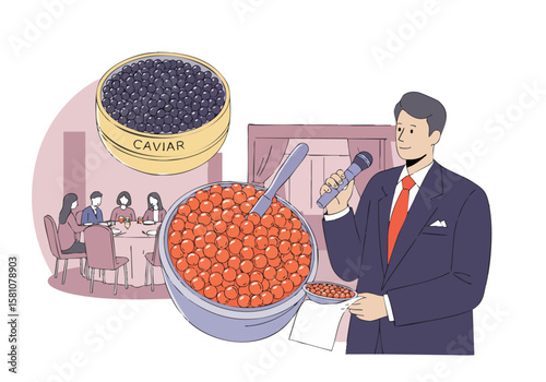 A sophisticated host presents caviar at a formal dinner party. Elegant setting, showcasing luxury and hospitality. Professional presentation.