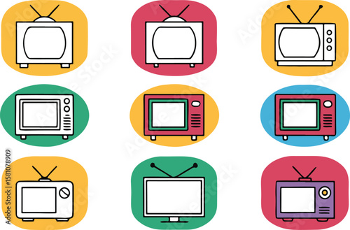 Colorful cartoon tv icons illustrating various retro televisions with outlined minimalist style