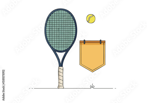 stylish graphic illustration features a tennis racket and ball with a Washington Open banner Clean lines and a muted teal background create a modern minimalist aesthetic