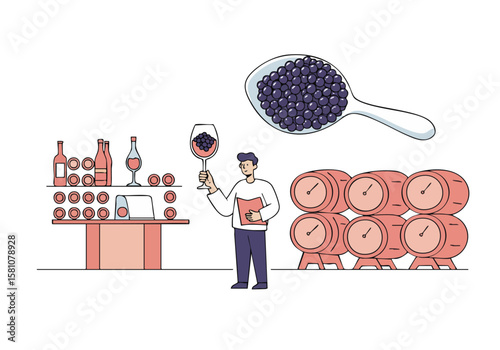 stylish illustration depicts a wine cellar with barrels and bottles complemented by a large spoon filled with grapes A man in a white shirt gestures presenting a book