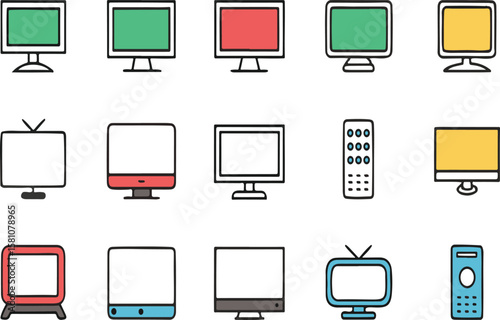Colorful hand drawn icon set of televisions and remote controls for design elements