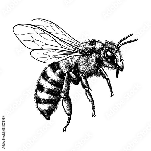 Detailed Honeybee Illustration - Black and White Insect Drawing