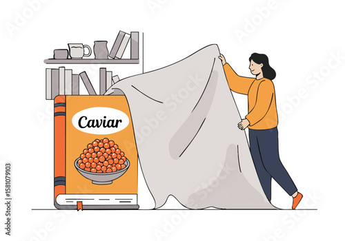 A woman elegantly drapes a blanket over a bag of caviar and a book, creating a luxurious, inviting scene. Soft colors and a minimalist aesthetic.