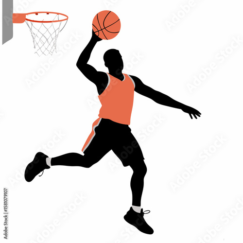 Black male basketball player slam dunking during a game in motion  