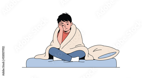Young Boy Feeling Sick and Wrapped in Blanket Sitting on Bed Looking Tired