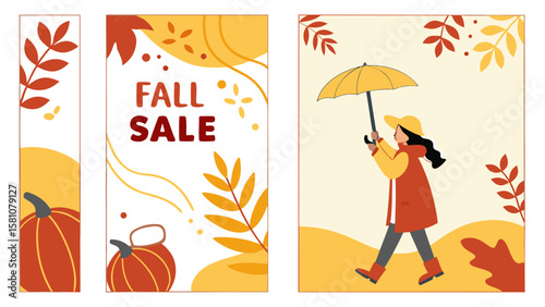 Three fall themed banners with pumpkins, leaves, fall sale text and a woman with an umbrella walking outdoors