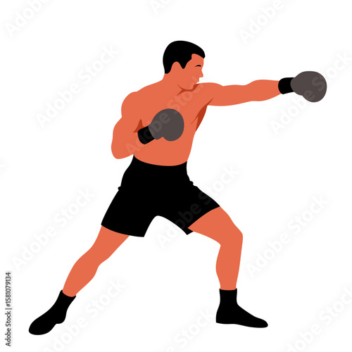 Boxer throwing a left punch in a fighting stance on white background  