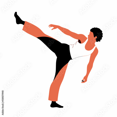 Capoeira dancer performing a spinning kick in dynamic movement  