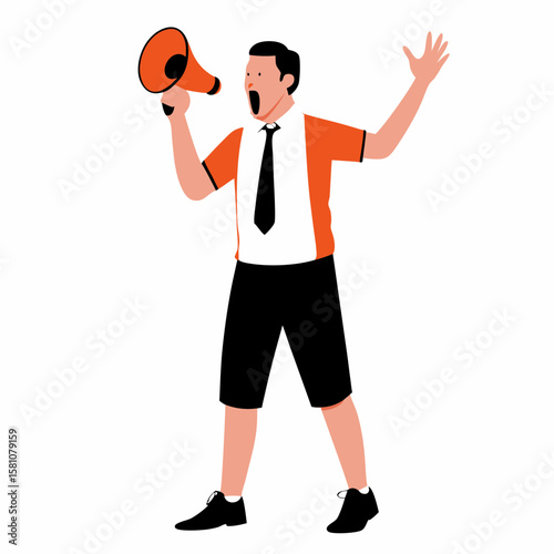 Coach shouting into megaphone while motivating athletes on the field  