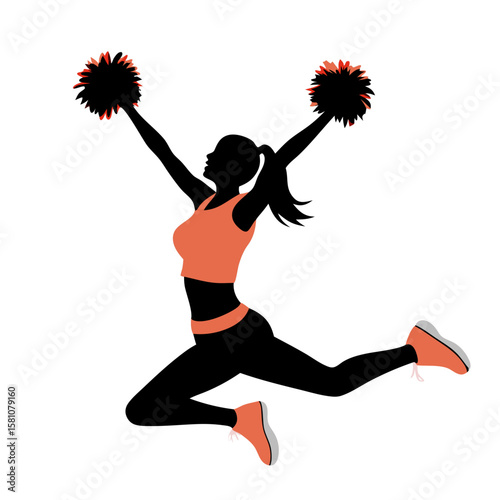 Cheerleader jumping with pom-poms in energetic pose on white background  