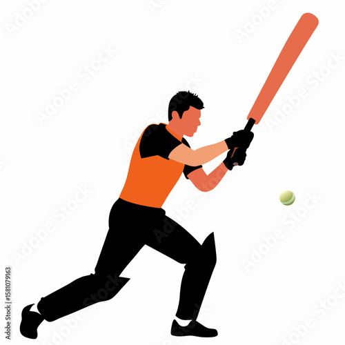 Male cricketer swinging a wooden bat to hit a ball in action  