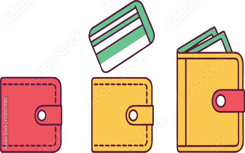 Colorful vector illustration of wallets with credit cards for financial concepts and design